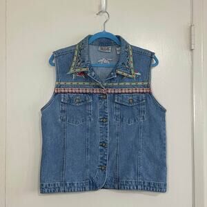 vintage Bill Blass denim vest with floral embroidery and rhinestones